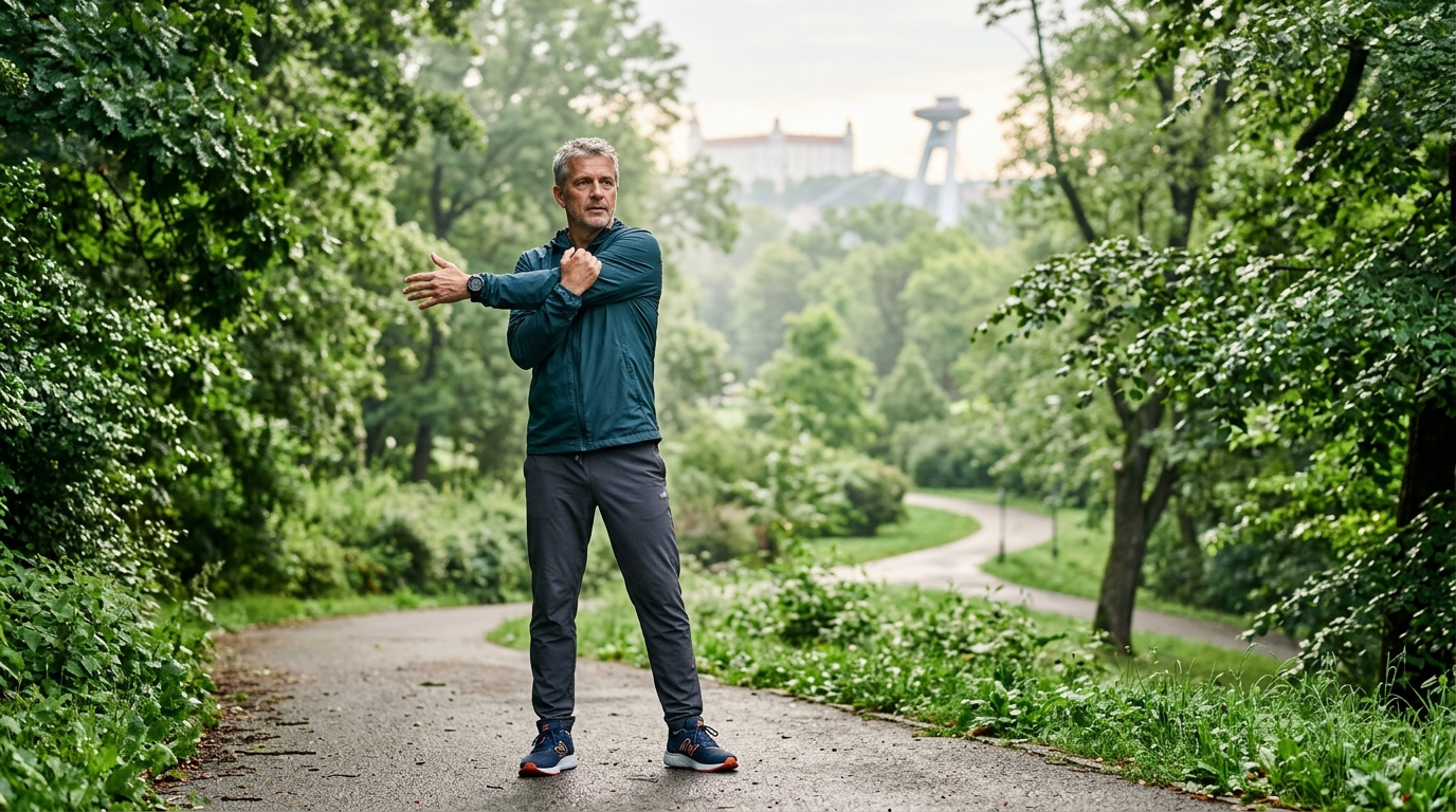 Muž cvičí v rannom parku medzi stromami